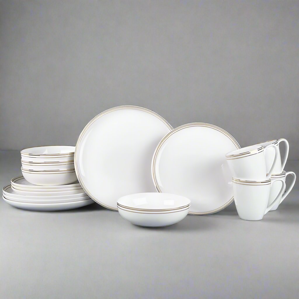 Fitz And Floyd Nevaeh White Gold Bands 16 Piece Dinnerware Set Service For 4
