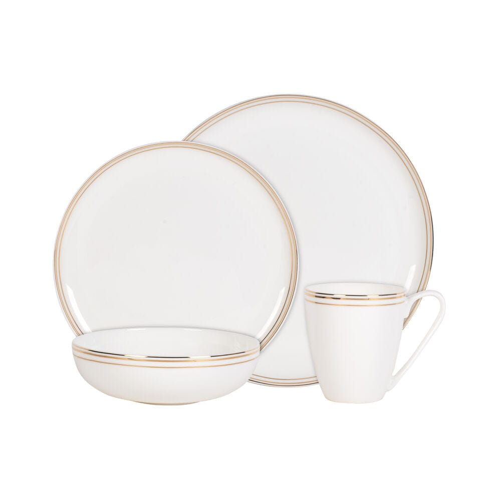 Fitz And Floyd Nevaeh White Gold Bands 16 Piece Dinnerware Set Service For 4