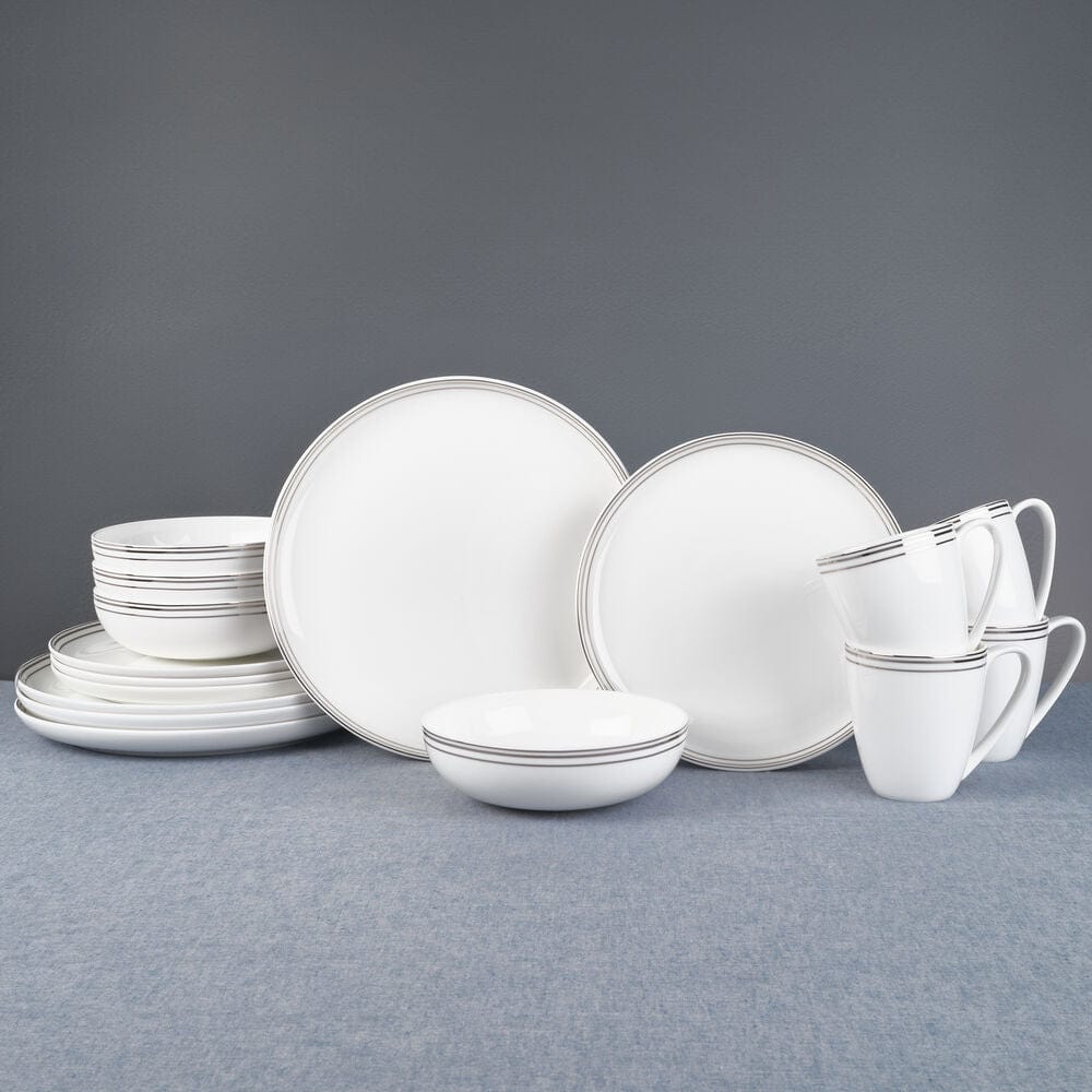 fitz and floyd Nevaeh White Platinum Bands 16 Piece Dinnerware Set Service For 4