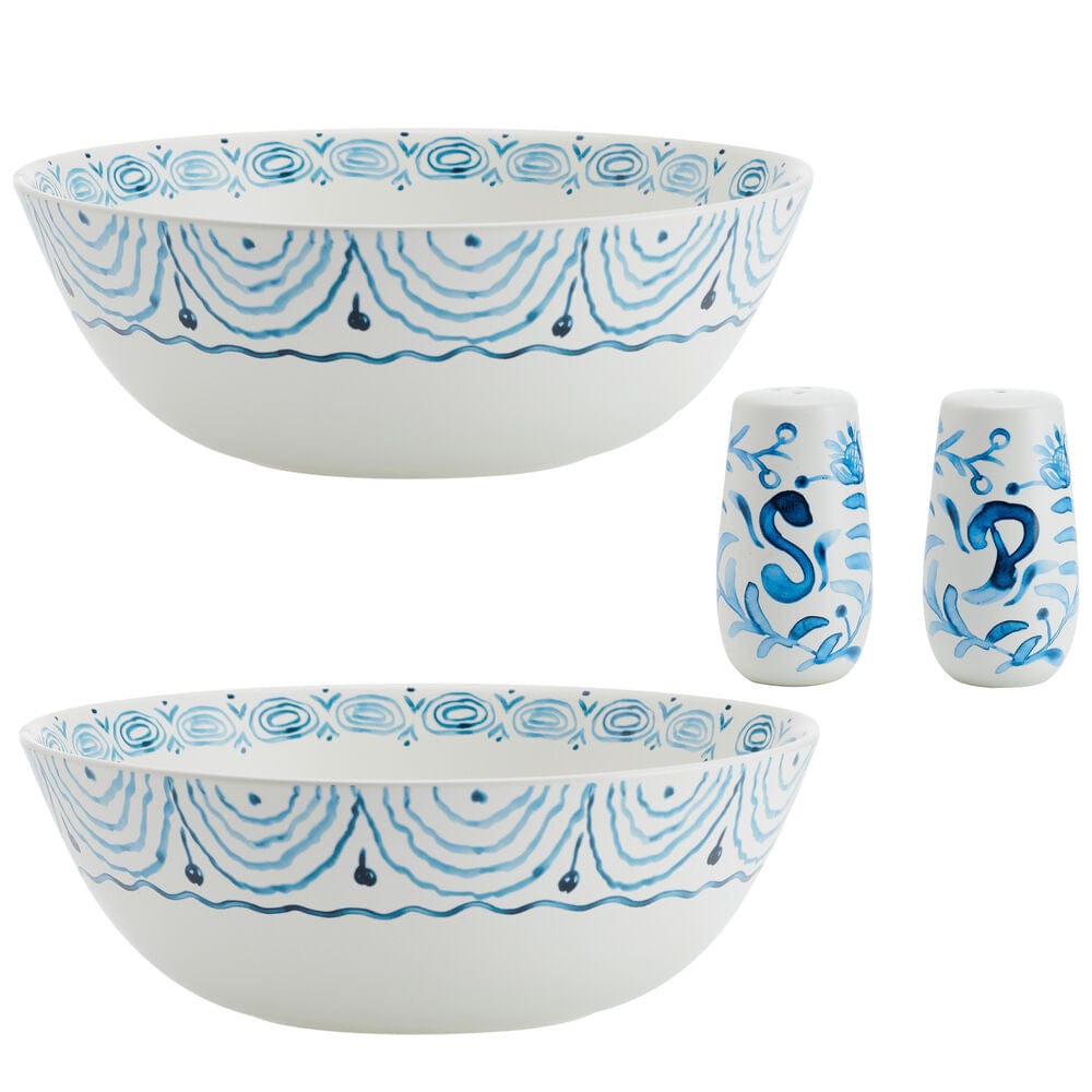 Fitz And Floyd Sicily Blue Set Of 2 Serving Bowls With Salt And Pepper Set