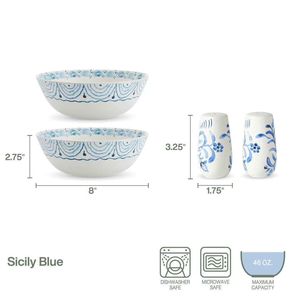Fitz And Floyd Sicily Blue Set Of 2 Serving Bowls With Salt And Pepper Set