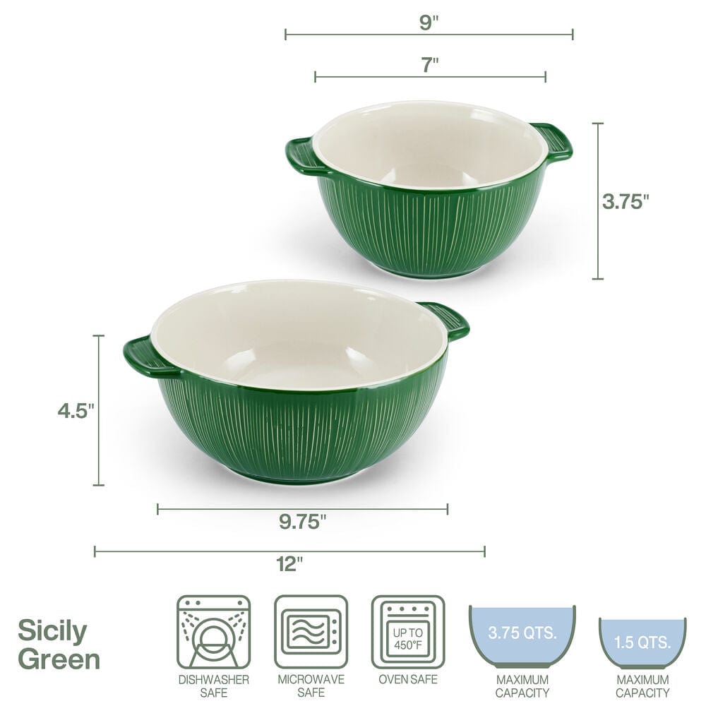 Fitz And Floyd Sicily Green Set Of 2 Handled Serving Mixing Bowls