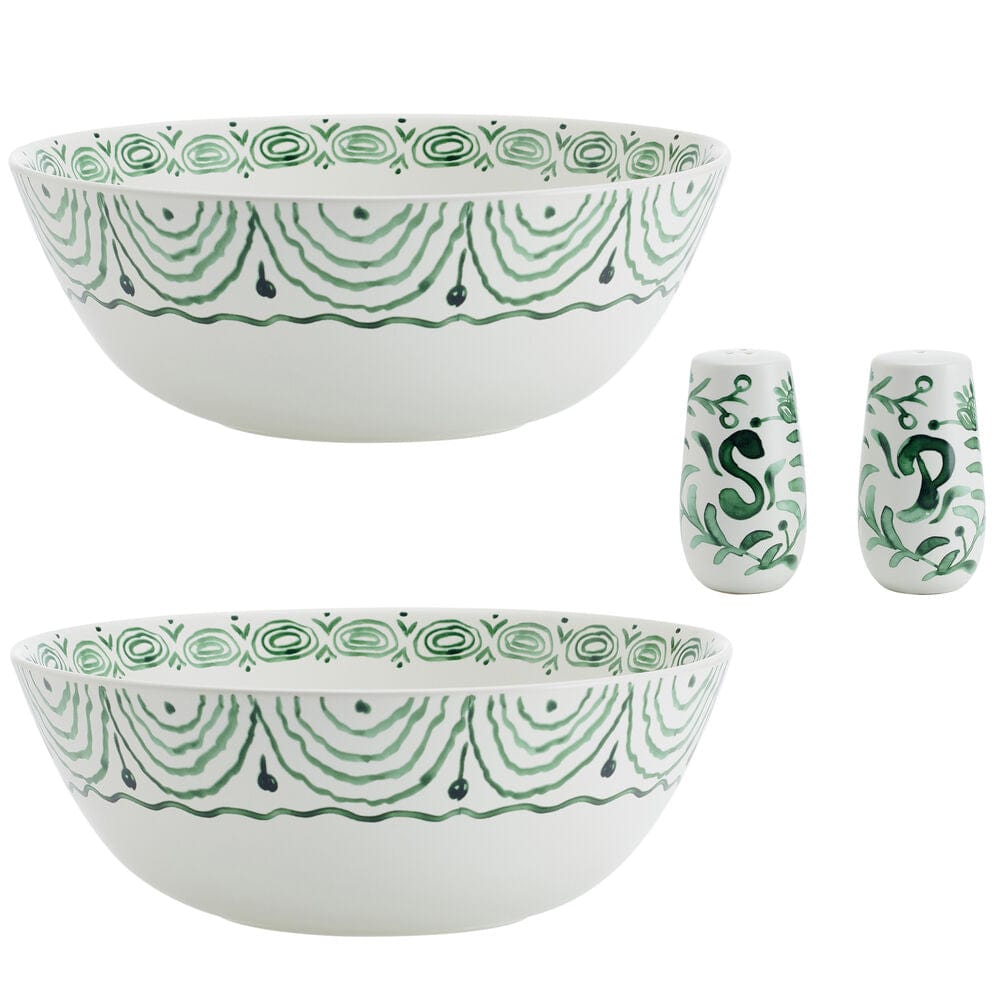 Fitz And Floyd Sicily Green Set Of 2 Serving Bowls With Salt & Pepper Set