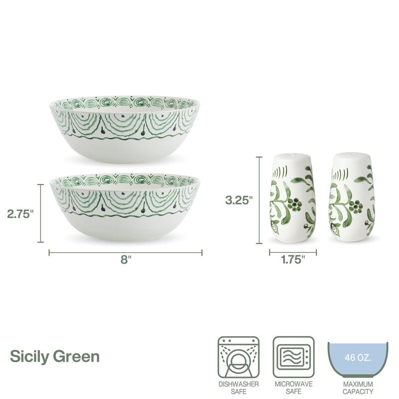 Fitz And Floyd Sicily Green Set Of 2 Serving Bowls With Salt & Pepper Set