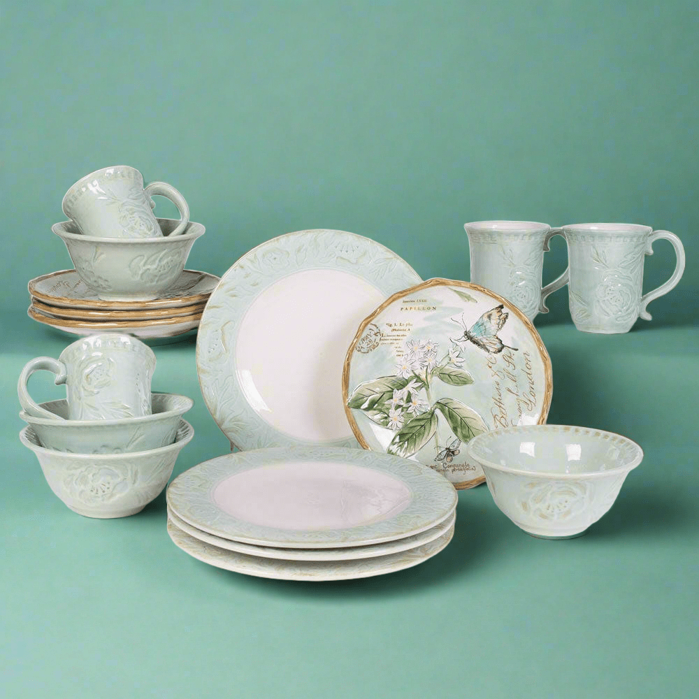 fitz and floyd Toulouse Green 16 Piece Dinnerware Set Service for 4