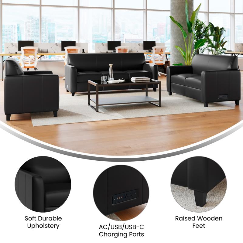 Flash Furniture Agent 3 Piece Reception Set With Charging Banks And Solid Wood Legs In Black LeatherSoft