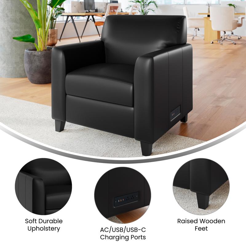 Flash Furniture Agent Black LeatherSoft Reception Chair With Right Side Charging Bank Includes 2 Outlets 2USB Ports 1 USB-C Port Solid Wood Legs