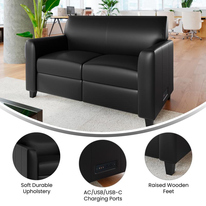 Flash Furniture Agent Black LeatherSoft Reception Loveseat With Right Side Charging Bank Includes 2 Outlets 2USB Ports 1 USB-C Port Solid Wood Legs