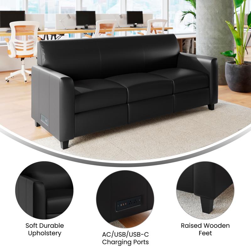 Flash Furniture Agent Black LeatherSoft Reception Sofa With Left And Right Side Charging Banks Includes 2 Outlets 2USB Ports 1 USB-C Port Solid Wood Legs