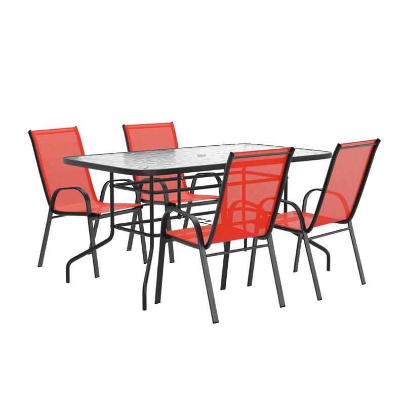 Flash Furniture Brazos 5 Piece Outdoor Patio Dining Set - 55" Tempered Glass Patio Table With Umbrella Hole 4 Red Flex Comfort Stack Chairs