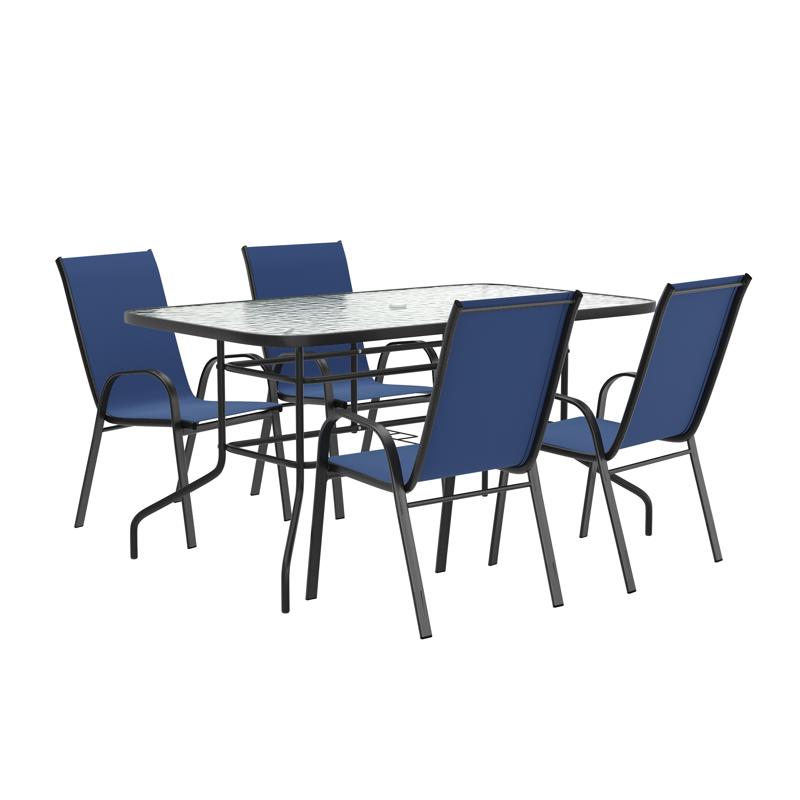 Flash Furniture Brazos 5 Piece Outdoor Patio Dining Set - 55" Tempered Glass Patio Table With Umbrella Hole 4 Navy Flex Comfort Stack Chairs