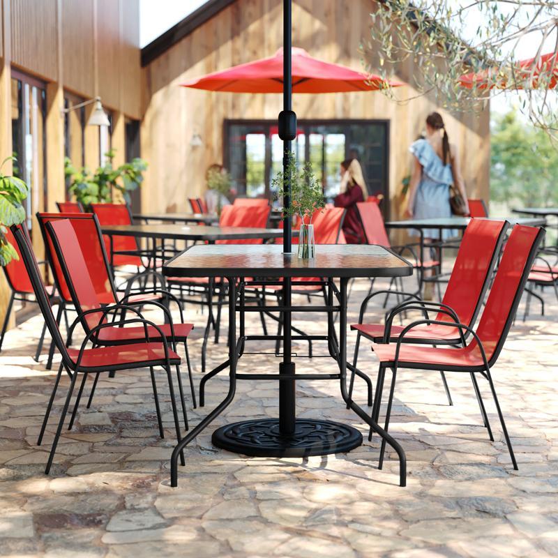 flash furniture Brazos 5 Piece Outdoor Patio Dining Set - 55" Tempered Glass Patio Table with Umbrella Hole 4 Red Flex Comfort Stack Chairs