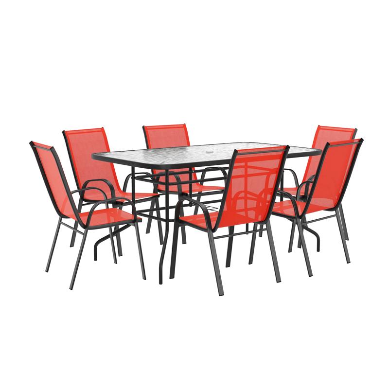 Flash Furniture Brazos 7 Piece Outdoor Patio Dining Set - 55" Tempered Glass Patio Table With Umbrella Hole 6 Red Flex Comfort Stack Chairs