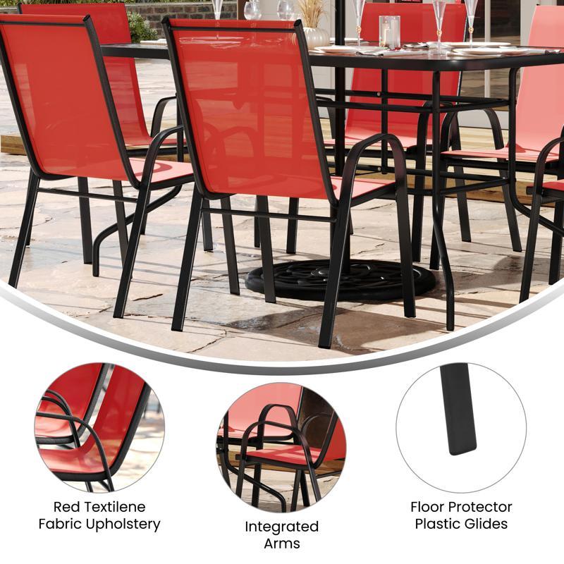 Flash Furniture Brazos 7 Piece Outdoor Patio Dining Set - 55" Tempered Glass Patio Table With Umbrella Hole 6 Red Flex Comfort Stack Chairs