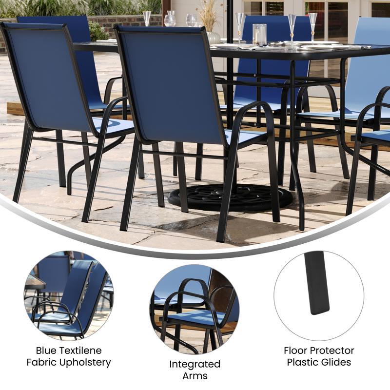 Flash Furniture Brazos 7 Piece Outdoor Patio Dining Set - 55" Tempered Glass Patio Table With Umbrella Hole 6 Navy Flex Comfort Stack Chairs