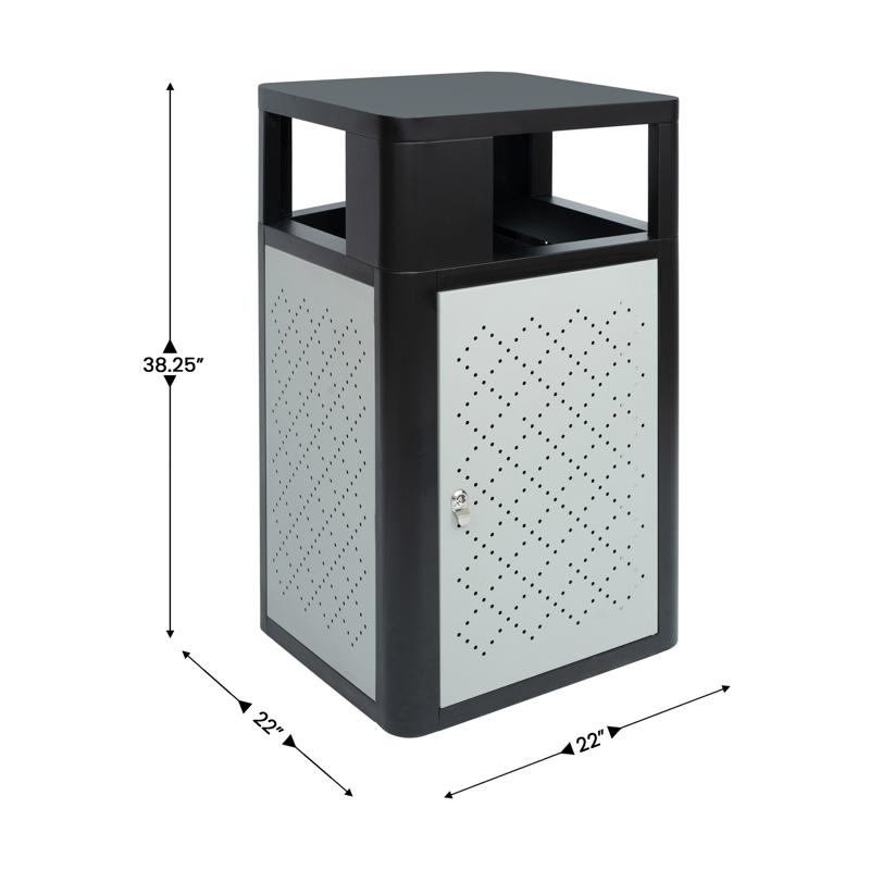 Flash Furniture Brooks 31.4 Gallon Indoor-Outdoor Steel Trash Can With Locking Access Door And Removable Inner Fiberglass Bin Black/Silver