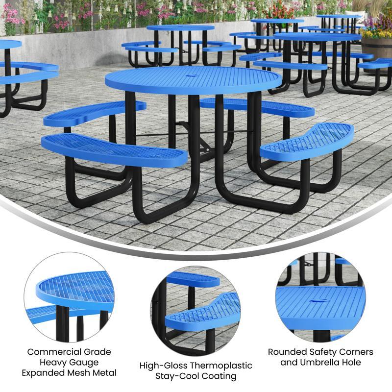 Flash Furniture Creekside 46" Round Outdoor Picnic Table With Commercial Heavy Gauge Expanded Metal Mesh Seats And Top With Umbrella Hole Steel Frame Blue