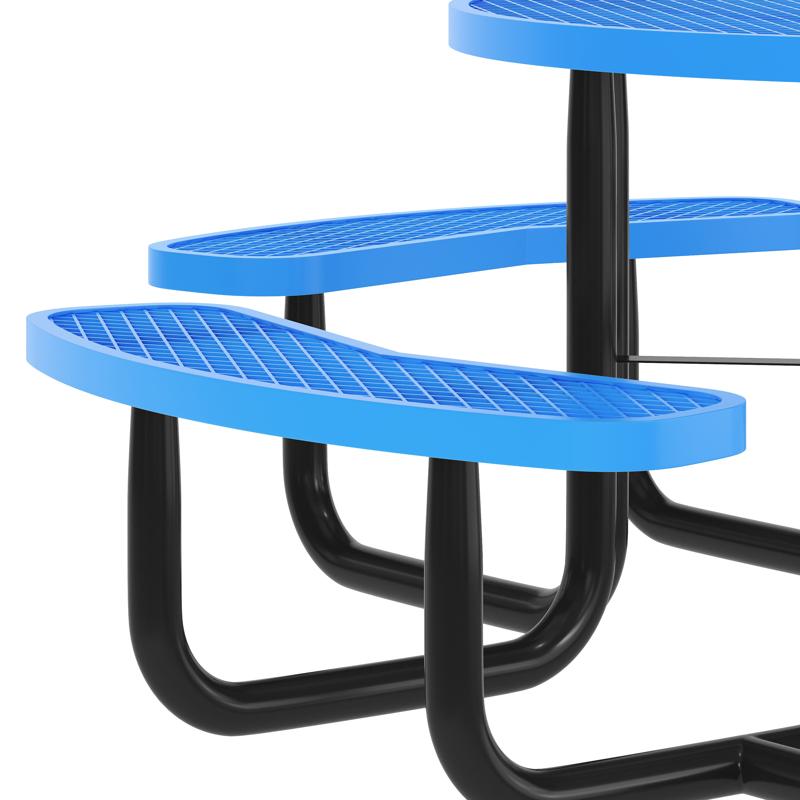 Flash Furniture Creekside 46" Round Outdoor Picnic Table With Commercial Heavy Gauge Expanded Metal Mesh Seats And Top With Umbrella Hole Steel Frame Blue