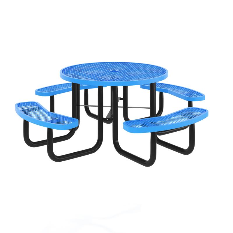 flash furniture Creekside 46" Round Outdoor Picnic Table with Commercial Heavy Gauge Expanded Metal Mesh Seats and Top with Umbrella Hole Steel Frame Blue