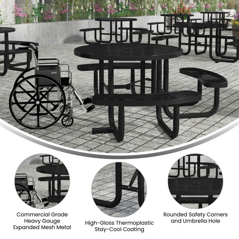 Flash Furniture Creekside 46" Round Wheelchair Accessible Commercial Outdoor Picnic Table With Heavy Gauge Expanded Metal Mesh Seats And Top With Umbrella Hole Black