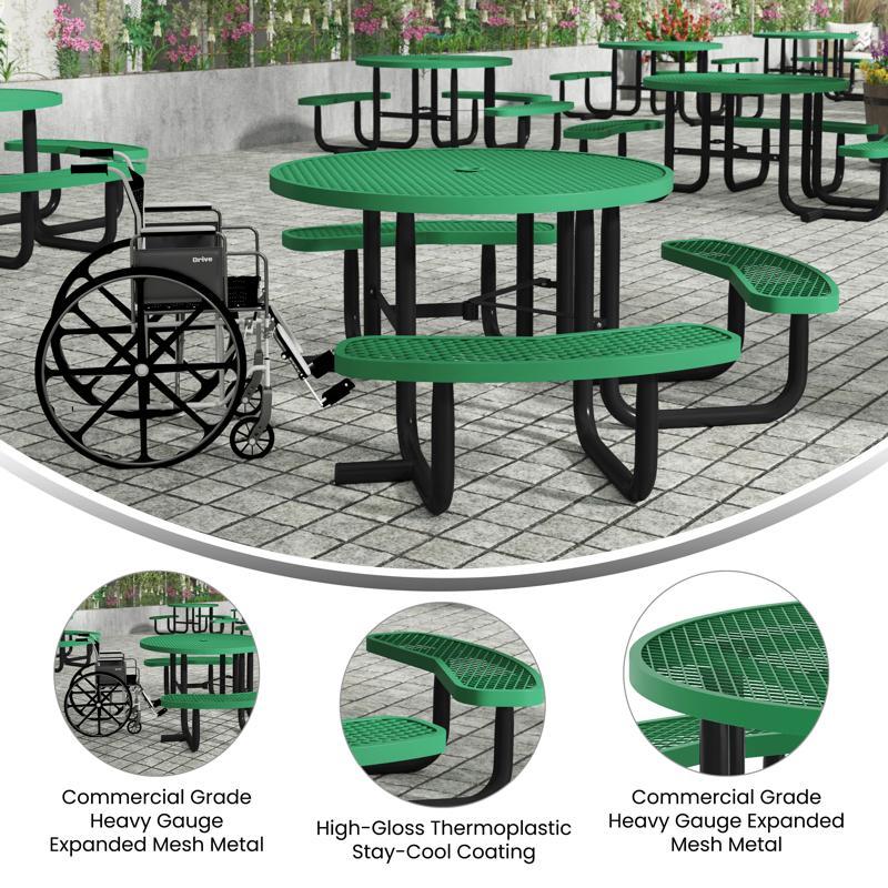 Flash Furniture Creekside 46" Round Wheelchair Accessible Commercial Outdoor Picnic Table With Heavy Gauge Expanded Metal Mesh Seats And Top With Umbrella Hole Green