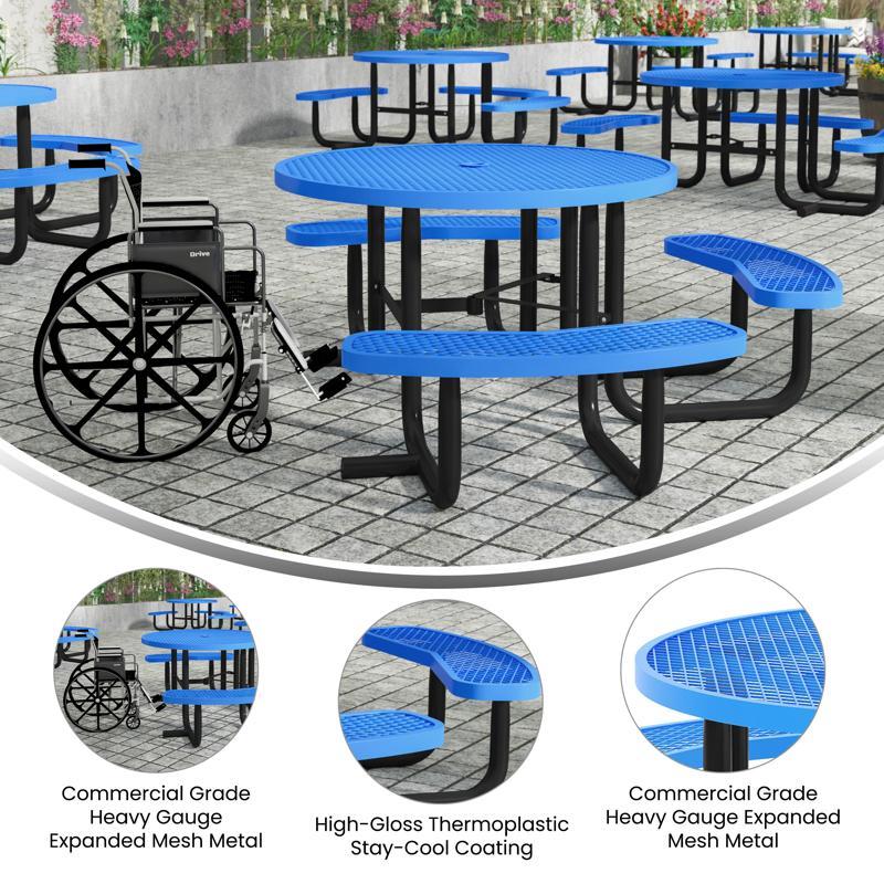 Flash Furniture Creekside 46" Round Wheelchair Accessible Commercial Outdoor Picnic Table With Heavy Gauge Expanded Metal Mesh Seats And Top With Umbrella Hole Blue