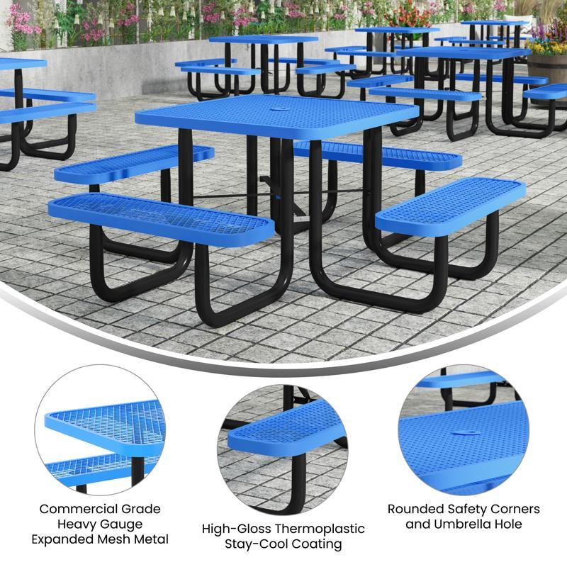 Flash Furniture Creekside 46" Square Outdoor Picnic Table With Commercial Heavy Gauge Expanded Metal Mesh Seats And Top With Umbrella Hole And Ground Anchors Blue