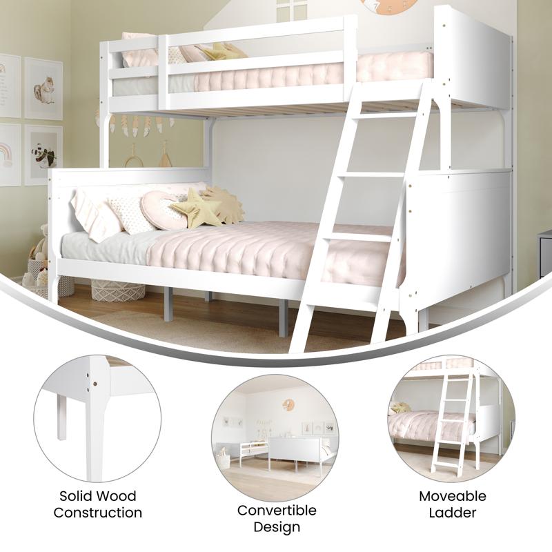Flash Furniture Dallas Bunk Bed Twin Over Full Convertible Slatted Solid Wood Bunk Bed Frame With Ladder For Kids No Box Spring Needed In White