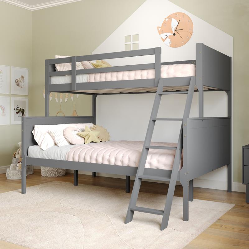 Flash Furniture Dallas Bunk Bed Twin Over Full Convertible Slatted Solid Wood Bunk Bed Frame With Ladder For Kids No Box Spring Needed In Gray