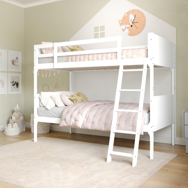 Flash Furniture Dallas Bunk Bed Twin Over Twin Convertible Slatted Solid Wood Bunk Bed Frame With Ladder For Kids No Box Spring Needed In White