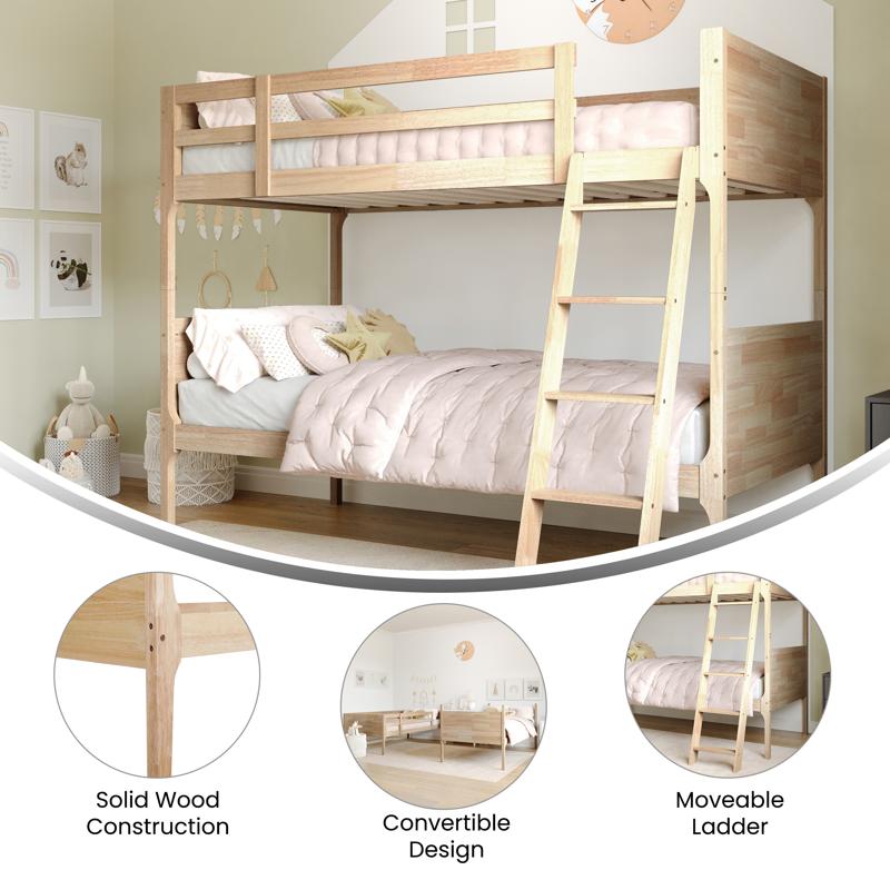 Flash Furniture Dallas Bunk Bed Twin Over Twin Convertible Slatted Solid Wood Bunk Bed Frame With Ladder For Kids No Box Spring Needed In Natural