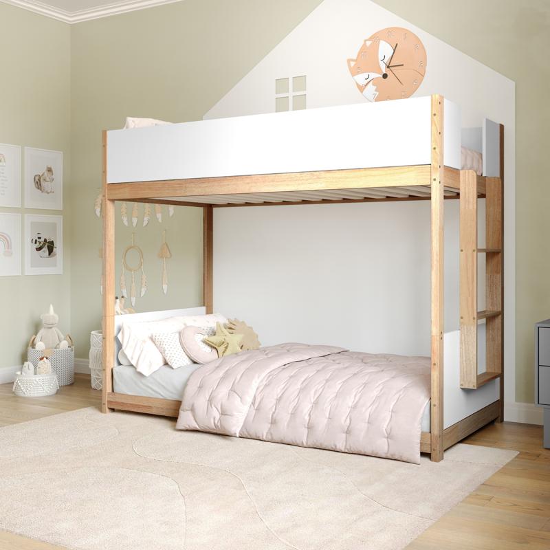 Flash Furniture Dallas Bunk Bed Twin Over Twin Convertible Solid Wood Bunk Bed Frame With Ladder For Kids No Box Spring Needed In White/Natural