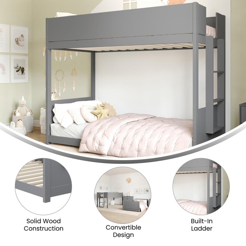 Flash Furniture Dallas Bunk Bed Twin Over Twin Convertible Solid Wood Bunk Bed Frame With Ladder For Kids No Box Spring Needed In Gray