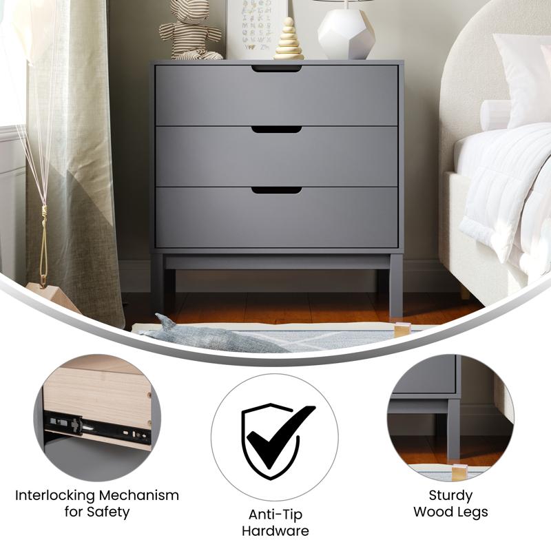 Flash Furniture Dallas Wooden 3-Drawer Dresser For Bedroom Chest Of Drawers For Kids In Gray