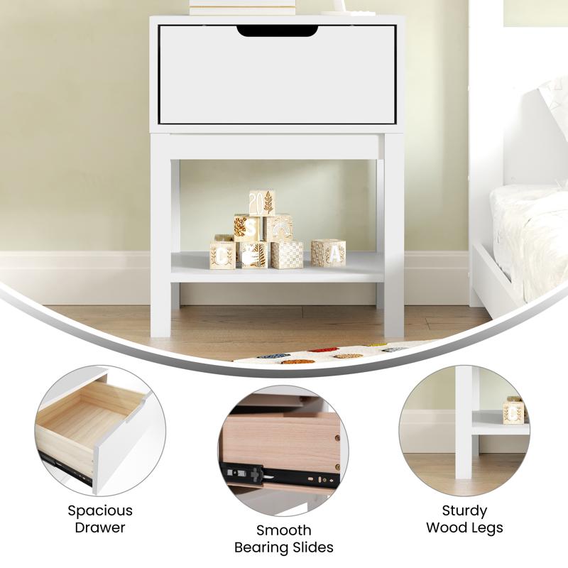 Flash Furniture Dallas Wooden Night Stand Bedroom Side Table With Storage Drawer And Shelf For Kids In White