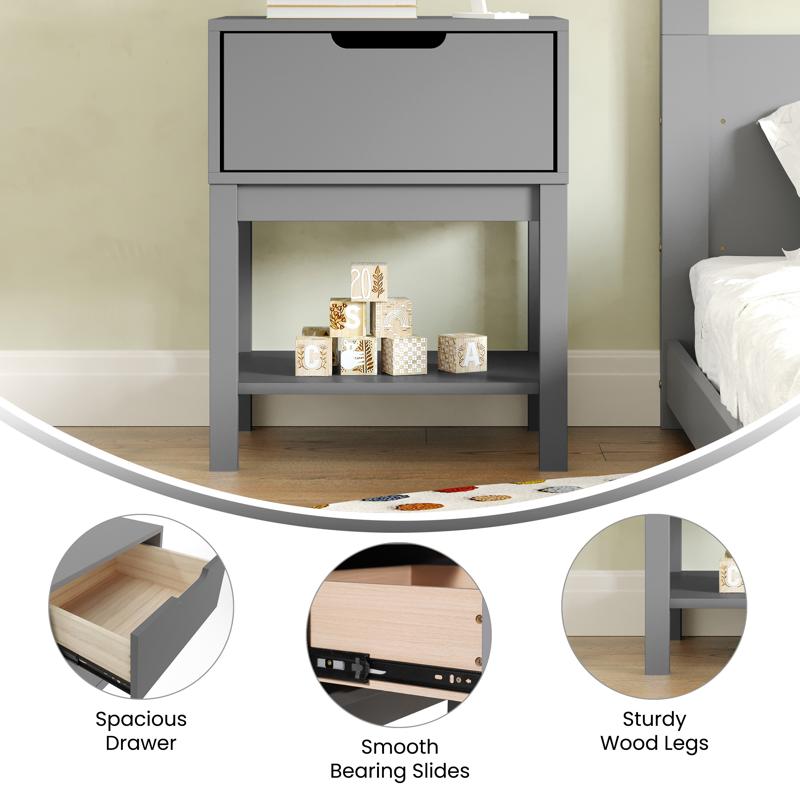 Flash Furniture Dallas Wooden Night Stand Bedroom Side Table With Storage Drawer And Shelf For Kids In Gray