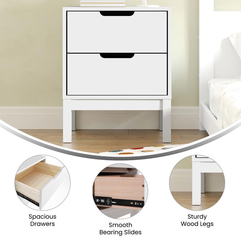 Flash Furniture Dallas Wooden Night Stand Bedroom Side Table With 2 Storage Drawers For Kids In White