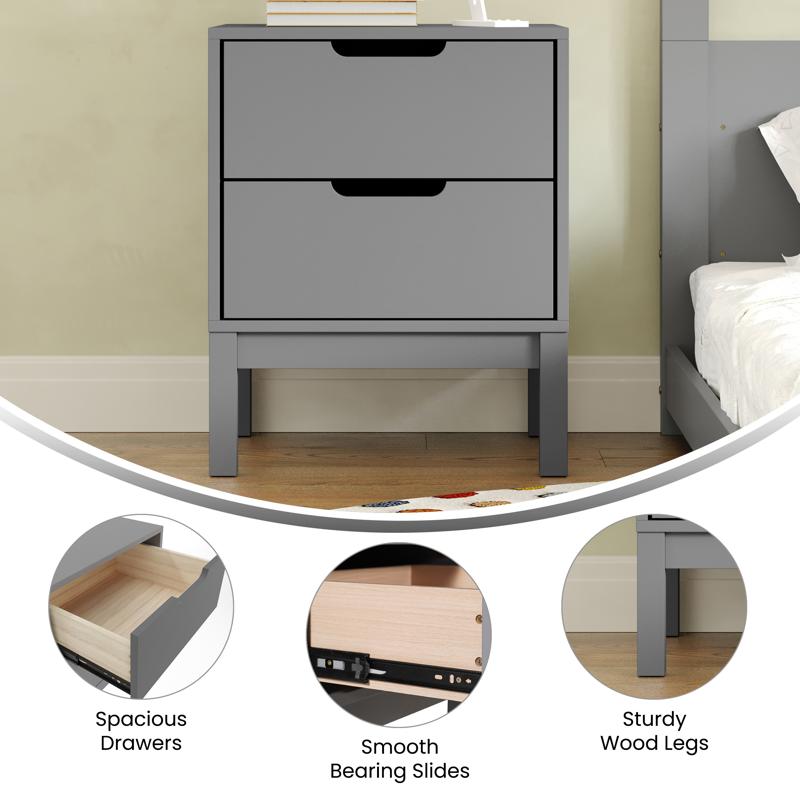 Flash Furniture Dallas Wooden Night Stand Bedroom Side Table With 2 Storage Drawers For Kids In Gray