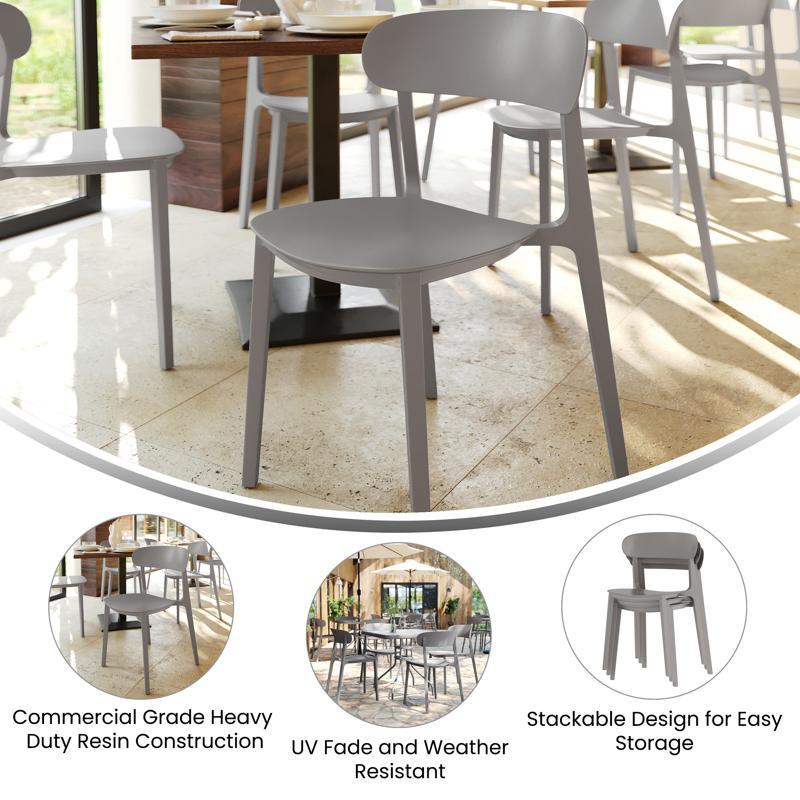 Flash Furniture Dover Indoor-Outdoor Stacking Patio Chair With Curved Backrest Commercial All-Weather Resin Chair In Gray