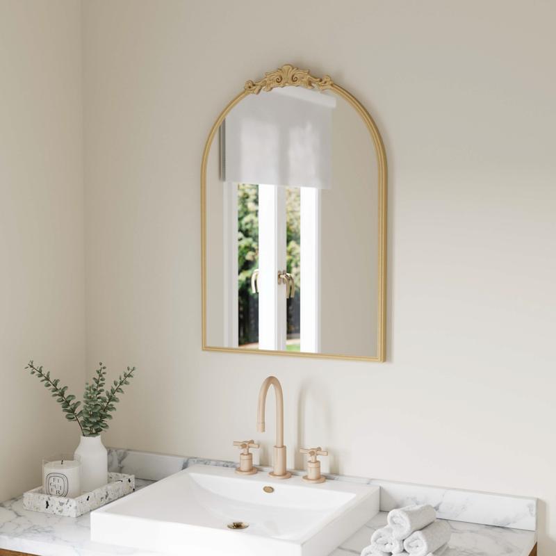 flash furniture Esme 29" x 20" Traditional Arched Wall Mirror with Baroque Detail - Large Accent Mirror for Bathroom Entryway Dining Room & Living Room in Gold