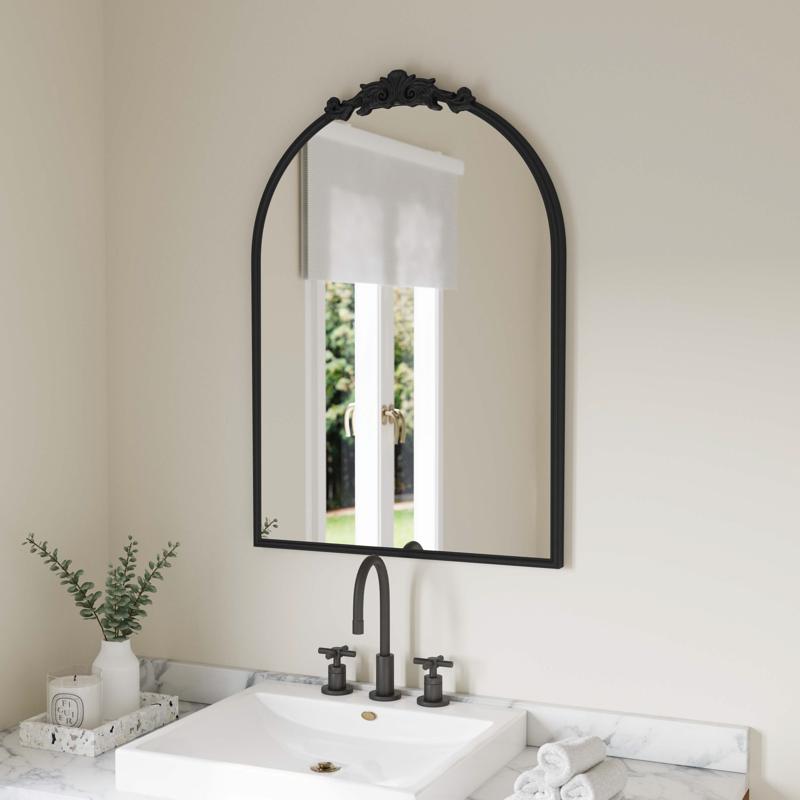 flash furniture Esme 35" x 24" Traditional Arched Wall Mirror with Baroque Detail - Large Accent Mirror for Bathroom Entryway Dining Room & Living Room in Black