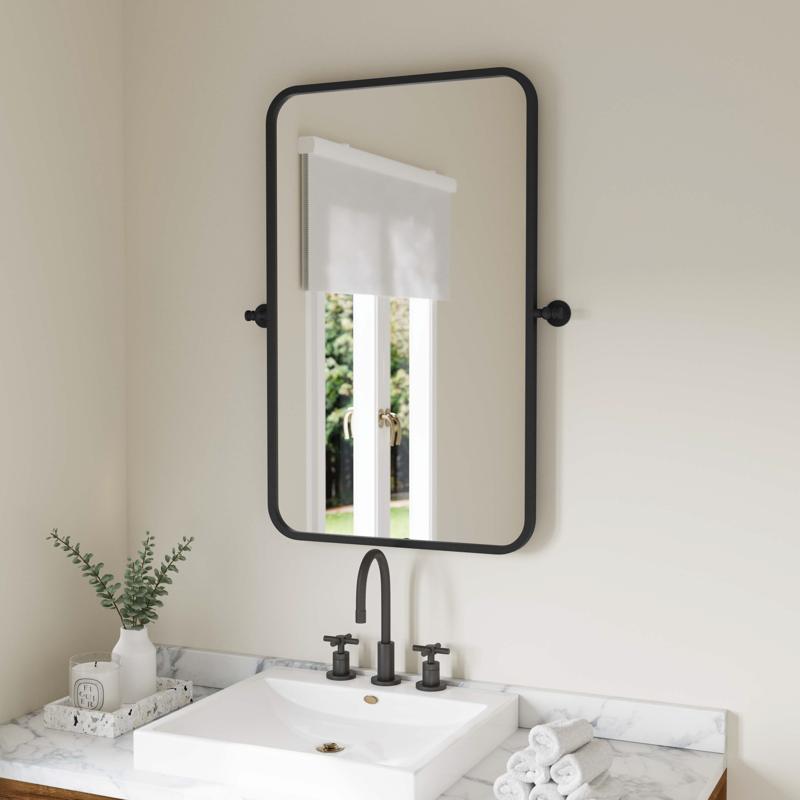 flash furniture Finlay 35" x 27" Metal Pivot Wall Mirror - Large Accent Vanity Mirror for Bathroom in Black