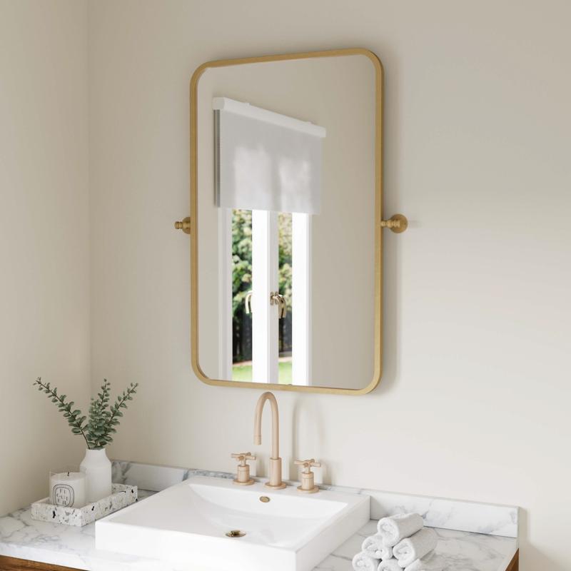 flash furniture Finlay 35" x 27" Metal Pivot Wall Mirror - Large Accent Vanity Mirror for Bathroom in Gold