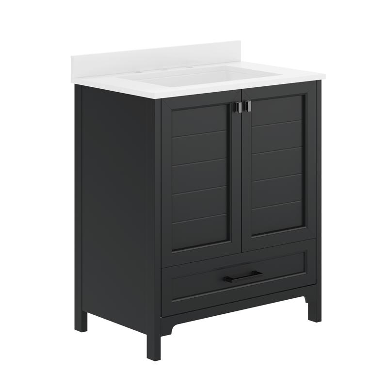Flash Furniture Haven 30" Bathroom Vanity With Sink Storage Cabinet With Black Hardware Soft Close Doors And Bottom Drawer Carrara Marble Finish Countertop Black