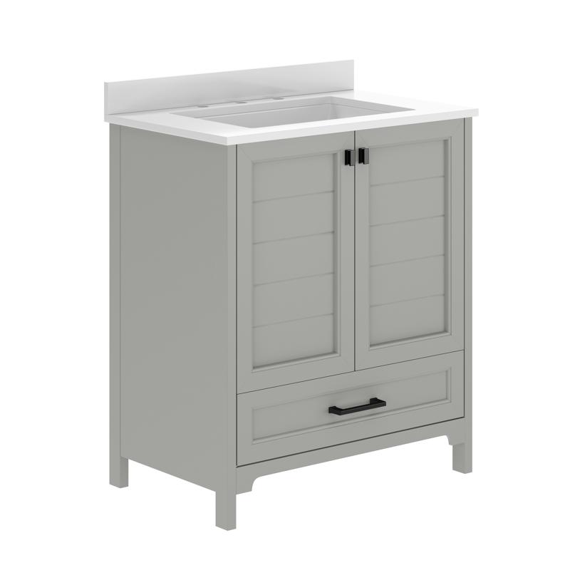 Flash Furniture Haven 30" Bathroom Vanity With Sink Storage Cabinet With Black Hardware Soft Close Doors And Bottom Drawer Carrara Marble Finish Countertop Gray