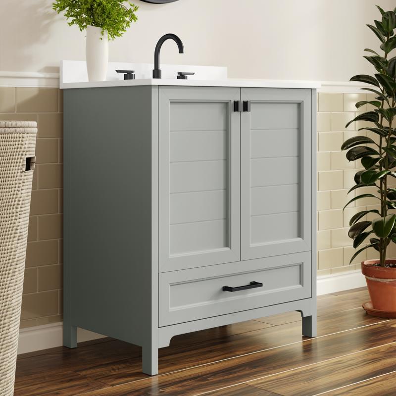 flash furniture Haven 30" Bathroom Vanity with Sink Storage Cabinet with Black Hardware Soft Close Doors and Bottom Drawer Carrara Marble Finish Countertop Gray