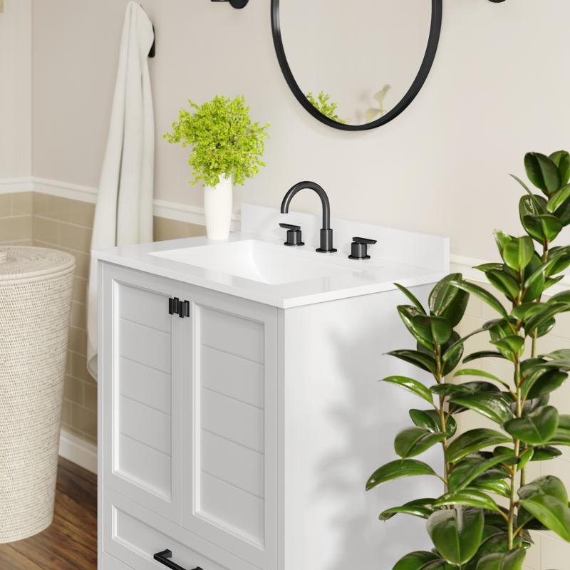 Flash Furniture Haven 30" Bathroom Vanity With Sink Storage Cabinet With Black Hardware Soft Close Doors And Bottom Drawer Carrara Marble Finish Countertop White