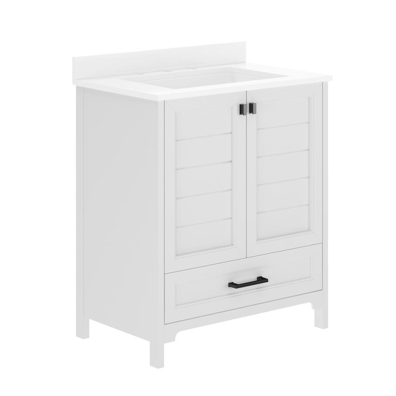 Flash Furniture Haven 30" Bathroom Vanity With Sink Storage Cabinet With Black Hardware Soft Close Doors And Bottom Drawer Carrara Marble Finish Countertop White