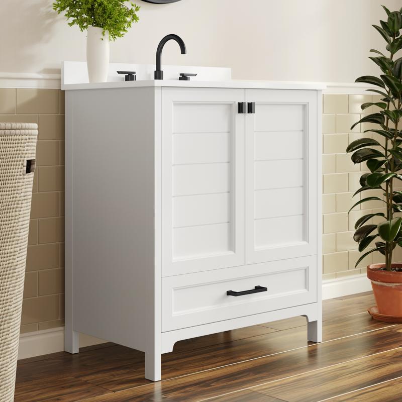 flash furniture Haven 30" Bathroom Vanity with Sink Storage Cabinet with Black Hardware Soft Close Doors and Bottom Drawer Carrara Marble Finish Countertop White