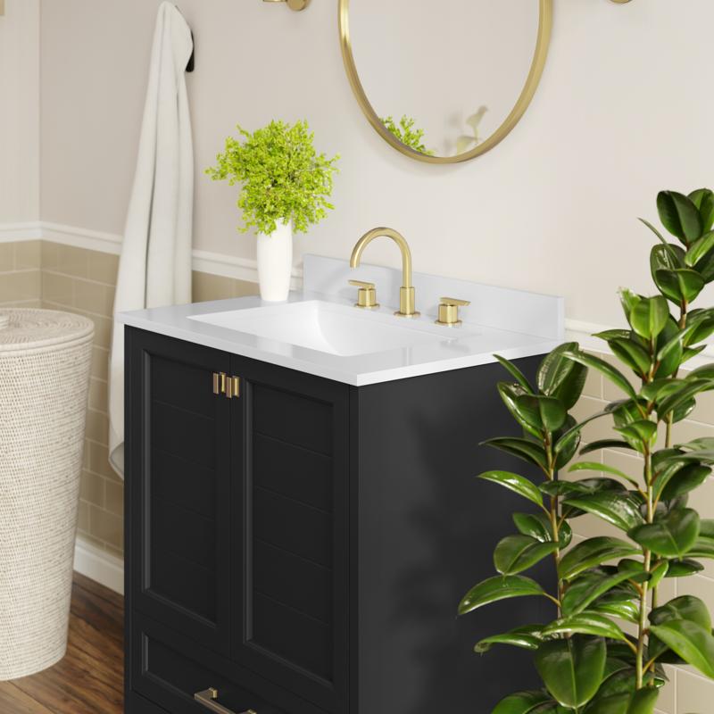Flash Furniture Haven 30" Bathroom Vanity With Sink Storage Cabinet With Gold Hardware Soft Close Doors And Bottom Drawer Carrara Marble Finish Countertop Black